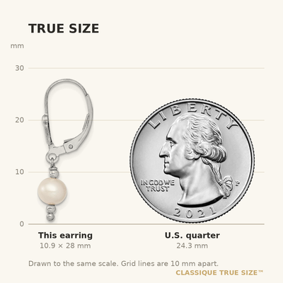 Sterling Silver Rhodium-plated White Semi-Round Freshwater Cultured Pearl Leverback Dangle Earrings, 28 x 6 to 7mm