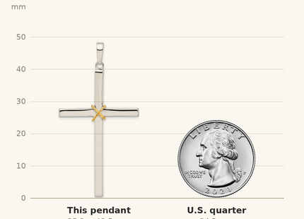 Classique True Size: Sterling Silver Polished w/Gold-plated Rope Hollow Crucifix Pendant shown next to a US quarter (24.3 mm)