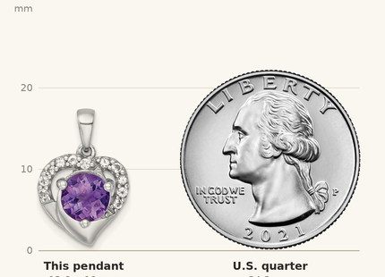 Classique True Size: Sterling Silver Rhodium-plated Polished Fancy Amethyst and White Topaz Heart Pendant shown next to a US quarter (24.3 mm)
