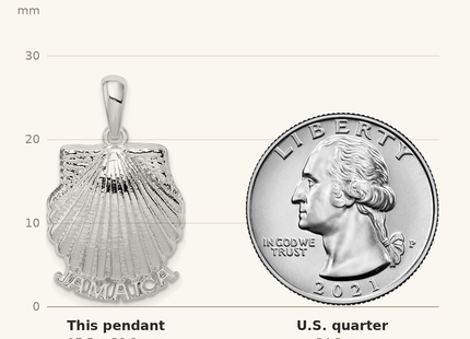 Classique True Size: De-Ani Sterling Silver Rhodium-Plated Polished Jamaica Scallop Shell Pendant shown next to a US quarter (24.3 mm)