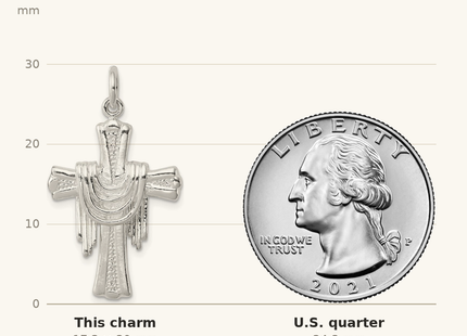 Classique True Size: Sterling Silver Draped Cross Charm shown next to a US quarter (24.3 mm)