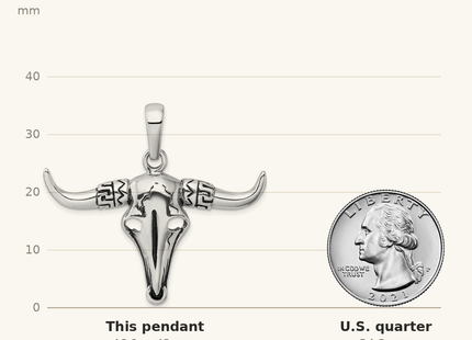 Classique True Size: Sterling Silver Rhodium-plated Antiqued Bull Skull Pendant shown next to a US quarter (24.3 mm)