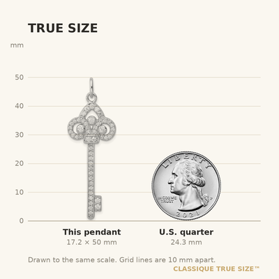 Sterling Silver Rhodium-plated and CZ Key Pendant, 50 x 18mm