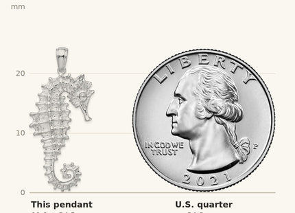 True size: De-Ani Sterling Silver Rhodium-Plated Polished and Textured 3D Sea Horse Pendant shown next to a US quarter (24.3 mm)