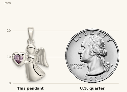 Classique True Size: Sterling Silver Angel w/Light Purple CZ Heart Pendant shown next to a US quarter (24.3 mm)