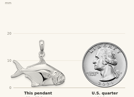 Classique True Size: De-Ani Sterling Silver Rhodium-Plated Polished 3D Pompano Fish Pendant shown next to a US quarter (24.3 mm)