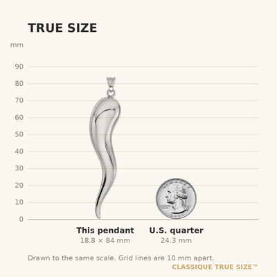 Sterling Silver Rhodium-plated Italian Horn Pendant, 84 x 18mm