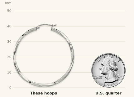 Classique True Size: Sterling Silver Rhodium-plated Twisted 2.5x45mmHoop Earrings shown next to a US quarter (24.3 mm)