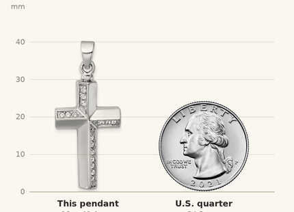 Classique True Size: Sterling Silver Rhodium-plated Polished CZ Latin Cross Ash Holder Pendant shown next to a US quarter (24.3 mm)
