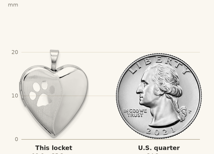 Classique True Size: Sterling Silver Rhodium-plated Satin & Polished Paw Prints Heart Locket shown next to a US quarter (24.3 mm)