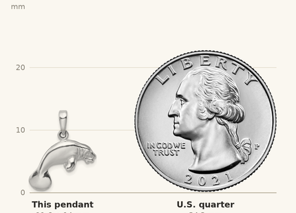 Classique True Size: De-Ani Sterling Silver Rhodium-Plated Polished 3D Manatee Pendant shown next to a US quarter (24.3 mm)