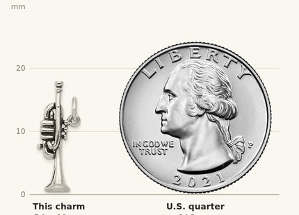 True size: Sterling Silver Antiqued Trumpet Charm shown next to a US quarter (24.3 mm)