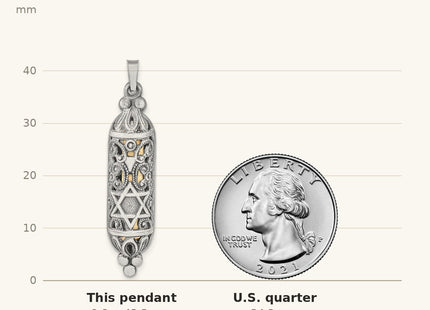 True size: Sterling Silver Solid Antiqued Mezuzah Pendant shown next to a US quarter (24.3 mm)