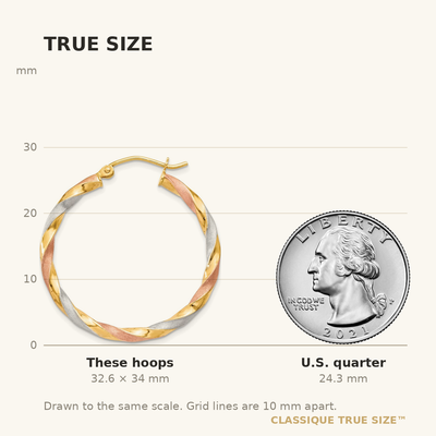 14K White & Rose Rhodium Satin Twisted Hoop Earrings, 34 x 30.5mm