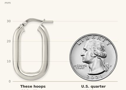 Classique True Size: Sterling Silver Polished Oval Rectangle Tube Hoop Earrings shown next to a US quarter (24.3 mm)