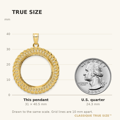 Wideband Distinguished Coin Jewelry 14K Polished and Diamond-cut Heart and Rope Prong Coin Bezel Pendant, 40.5 x 31.2mm