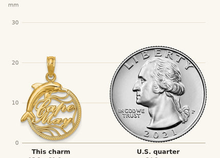 True size: 14K CAPE MAY w/ Dolphin Charm shown next to a US quarter (24.3 mm)
