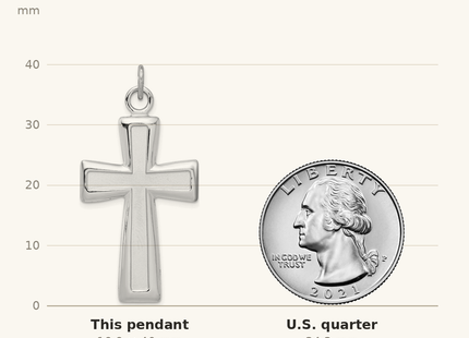Classique True Size: Sterling Silver Platinum-plated Polished and Satin Cross Pendant shown next to a US quarter (24.3 mm)