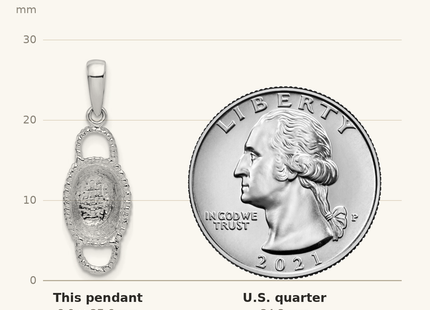Classique True Size: De-Ani Sterling Silver Rhodium-Plated Polished 3D Double Handle Basket Pendant shown next to a US quarter (24.3 mm)