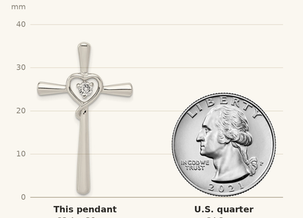 Classique True Size: Sterling Silver Rhodium-plated CZ in Heart Cross Pendant shown next to a US quarter (24.3 mm)