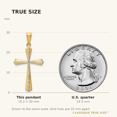 14K w/Rhodium Diamond-Cut Cross Pendant, 30 x 19mm