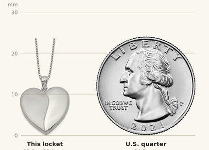 True size: Sterling Silver RH-plated Pol & Satin Heart Locket & Pendant Necklace Set shown next to a US quarter (24.3 mm)