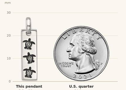 Classique True Size: Sterling Silver Rhodium-Plated Antiqued Swimming Turtles Rectangle Pendant shown next to a US quarter (24.3 mm)