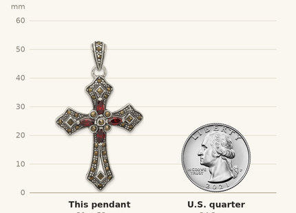 Classique True Size: Sterling Silver Antiqued Red Marquise CZ Marcasite Cross Pendant shown next to a US quarter (24.3 mm)