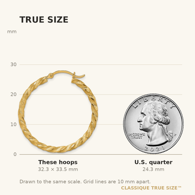 14K Twisted Satin Diamond-Cut Hoop Earrings, 33.5 x 2.8mm