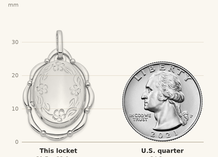Classique True Size: Sterling Silver Rhodium-plated Floral Oval Locket shown next to a US quarter (24.3 mm)