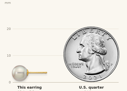 Classique True Size: 14k 7- Grey Round Akoya Saltwater Cultured Pearl Post Earrings shown next to a US quarter (24.3 mm)