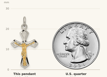 Classique True Size: Sterling Silver & Gold-plated Polished Satin & D/C Crucifix Pendant shown next to a US quarter (24.3 mm)