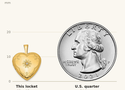 True size: 1/20 Gold Filled with Diamond Flower Design Heart Locket shown next to a US quarter (24.3 mm)