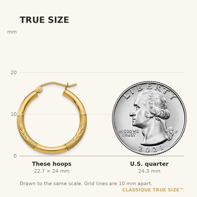 14K Satin and Diamond-cut Round Hoop Earrings, 24 x 2.5mm