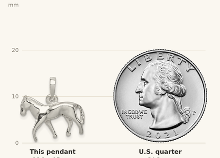 Classique True Size: Sterling Silver Polished Horse Pendant shown next to a US quarter (24.3 mm)