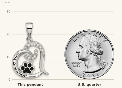 Classique True Size: Sterling Silver Rh-plated Enamel CZ Paw ALWAYS IN MY HEART Pendant shown next to a US quarter (24.3 mm)