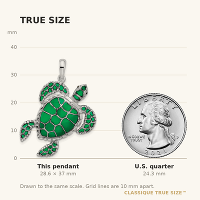 De-Ani Sterling Silver Rhodium-Plated Polished Enameled Green Sea Turtle Pendant, 37 x 30mm