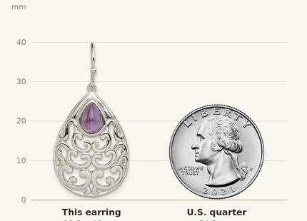 Classique True Size: Sterling Silver Rhodium-plated Amethyst Teardrop Shepherd Hook Earrings shown next to a US quarter (24.3 mm)