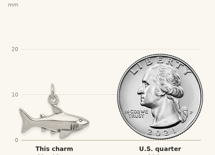 Classique True Size: Sterling Silver Antique Shark Charm shown next to a US quarter (24.3 mm)