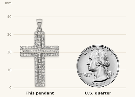 Classique True Size: Sterling Silver Rhodium-plated White CZ Latin Cross Pendant shown next to a US quarter (24.3 mm)