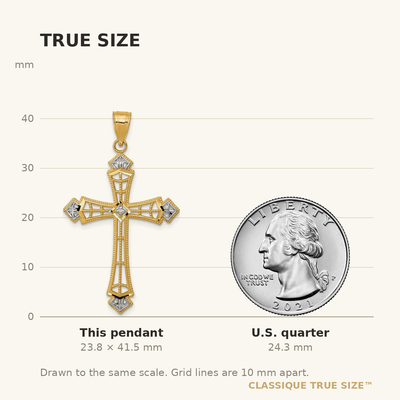 14K w/Rhodium Diamond-Cut Cross Pendant, 41.55 x 23.4mm