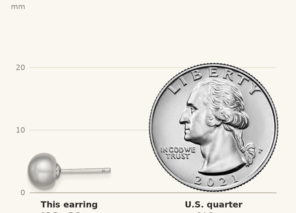 Classique True Size: Sterling Silver Rhodium-plated 7- Grey Button Freshwater Cultured Pearl Post Earrings shown next to a US quarter (24.3 mm)