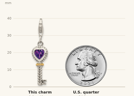 Classique True Size: Shey Couture Sterling Silver with 14K Accent Antiqued Heart Amethyst Antiqued Key with Lobster Clasp Charm shown next to a US quarter (24.3 mm)