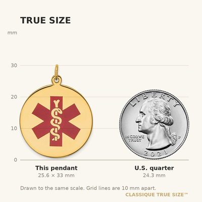 14K Round Red Enameled Medical Jewelry Pendant, 33 x 25.3mm