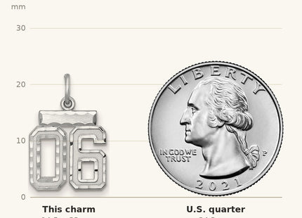 True size: Sterling Silver Rhodium-plated Small Diamond-cut #06 Charm shown next to a US quarter (24.3 mm)