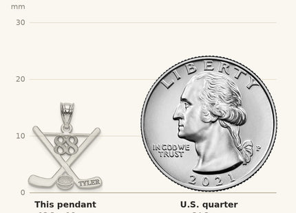 True size: 10k White Gold Personalized Hockey Pendant shown next to a US quarter (24.3 mm)