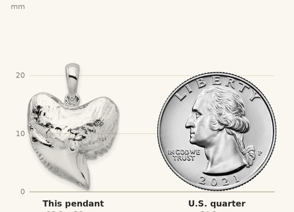 Classique True Size: De-Ani Sterling Silver Rhodium-Plated Polished and Textured Shark Tooth Pendant shown next to a US quarter (24.3 mm)