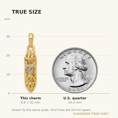 14K w/ White Rhodium Mezuzah W/Shin Charm, 32 x 7mm