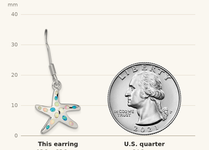 Classique True Size: Sterling Silver Rhodium-plated Pink/Blue Created Opal Starfish Earrings shown next to a US quarter (24.3 mm)