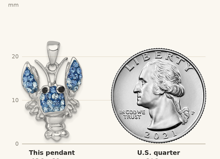 Classique True Size: Sterling Silver Rhodium-plated Polished Blue Crystal Lobster Pendant shown next to a US quarter (24.3 mm)